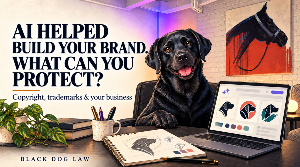 Illustrated black Labrador at a desk with AI logo concepts and a sketchbook, beside the headline: AI helped build your brand. What can you protect?