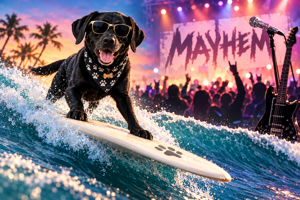 Black Labrador surfing a wave in front of colorful concert lights, illustrating the Lady Gaga MAYHEM trademark dispute