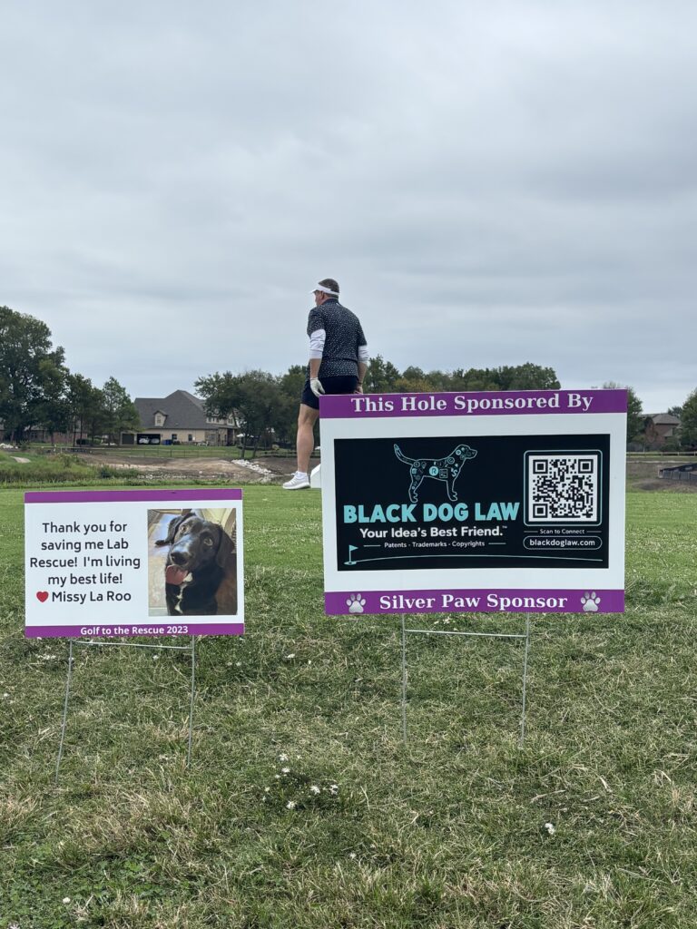 Black Dog Law hole sponsor sign at Lab Rescue OK Golf to the Rescue